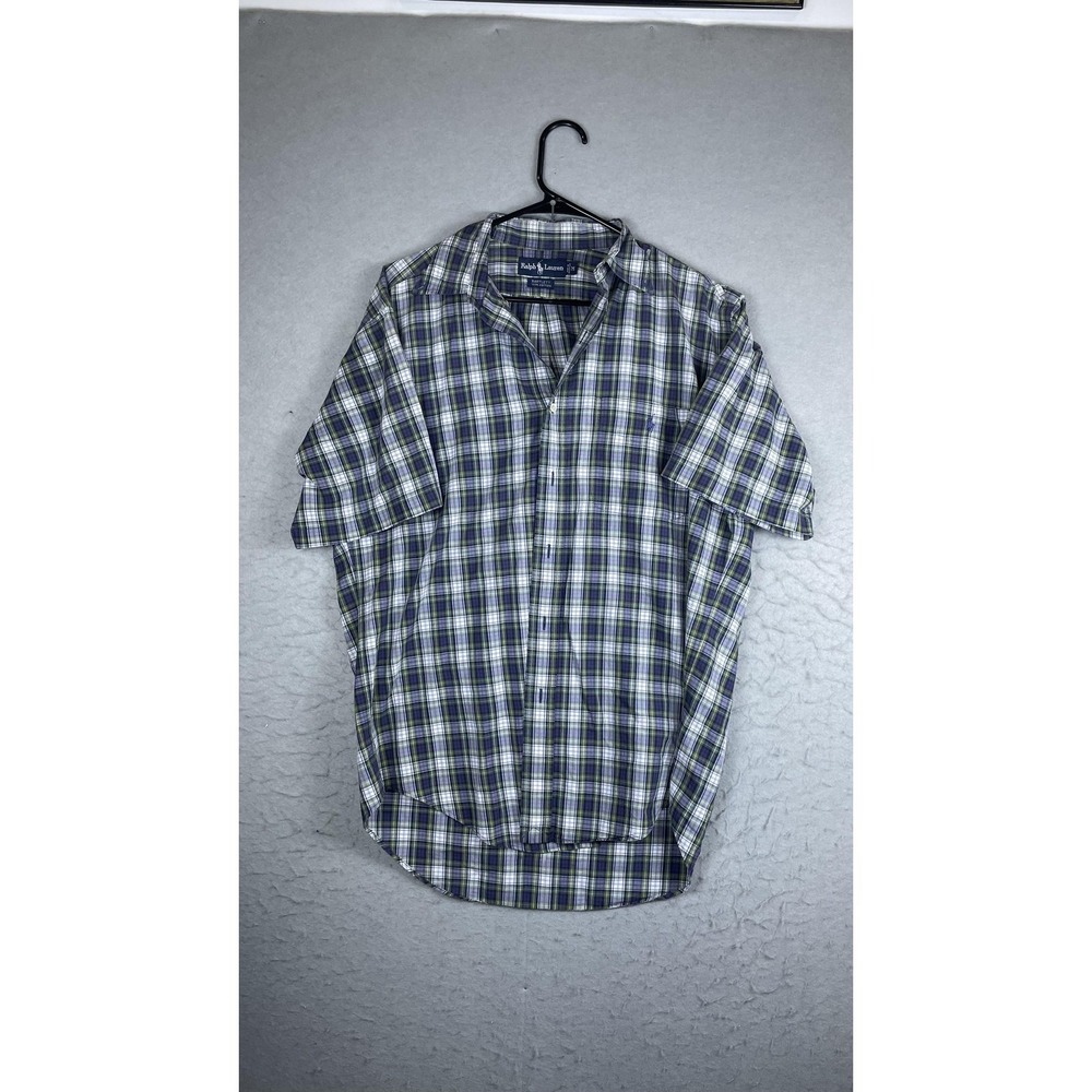 Ralph Lauren Shirt Mens Medium Blue Plaid Short Sleeve Button Front Pony Logo